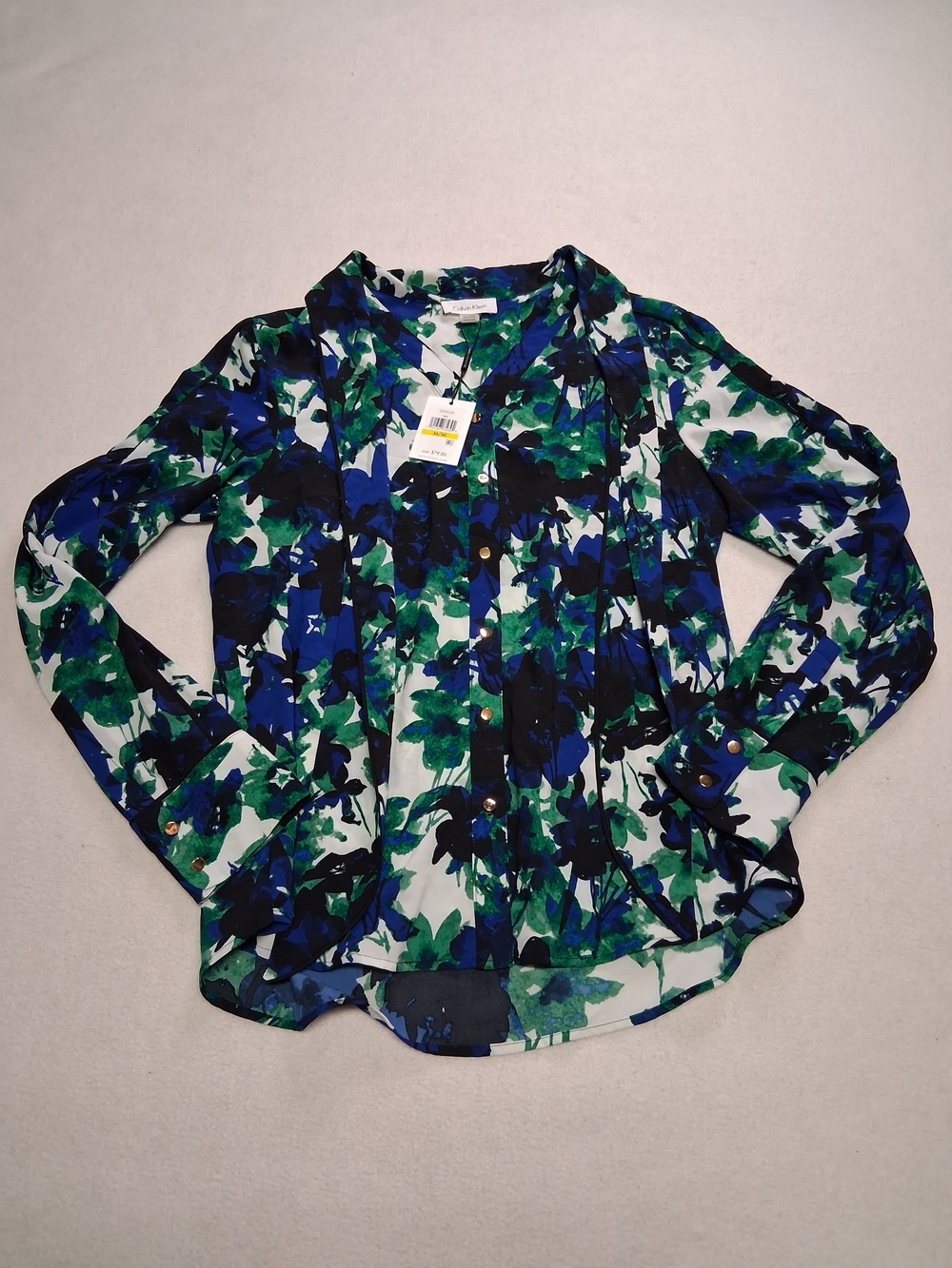 Calvin Klein Blue Green Floral Button-Front Blouse
